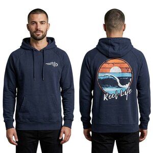 Reel Life Mens Hoodie Sweatshirt Medium Navy Blue Graphic Print Pullover Casual